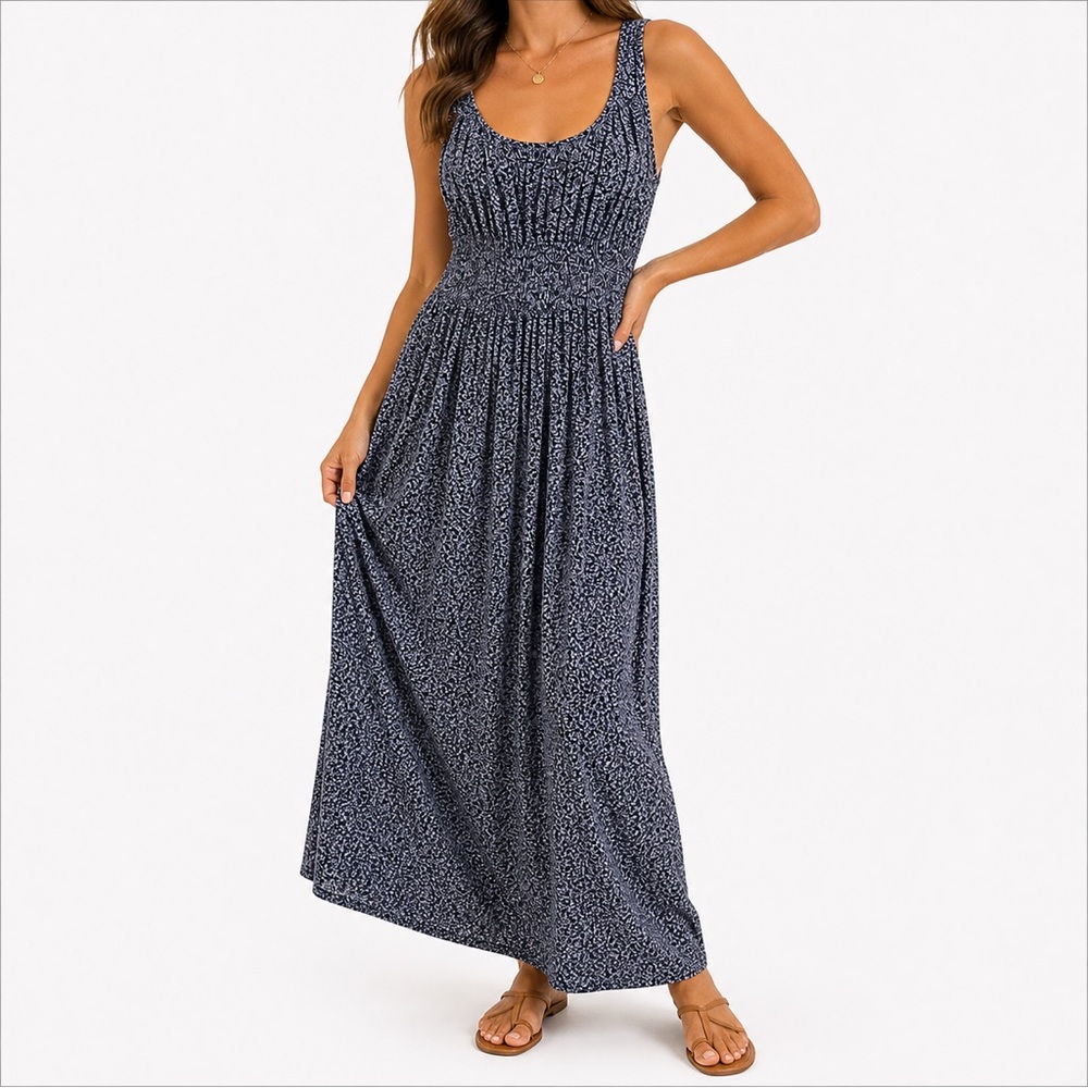 Faherty Navy Floral Smocked Maxi Dress XS Sleeveless Boho Coastal